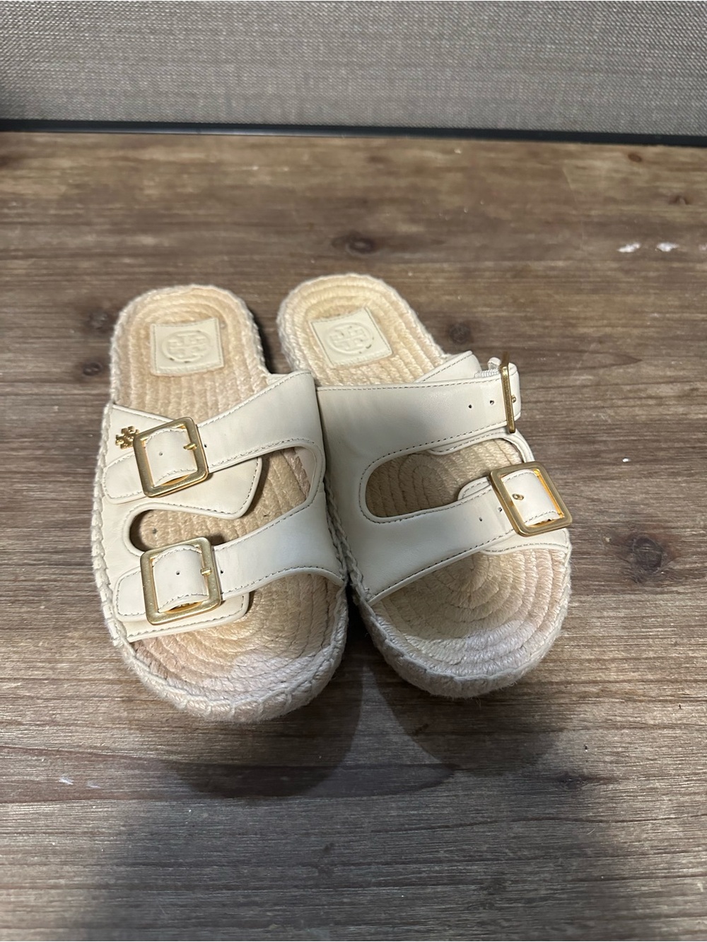 Tory Burch Cream Leather Double-Buckle Espadrille Sandals